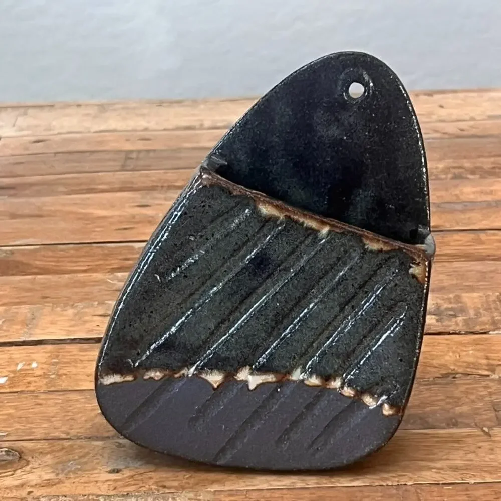 Studio Pottery Wall Pocket Vase 6.5 in Abstract Black Impressed Lines Decor